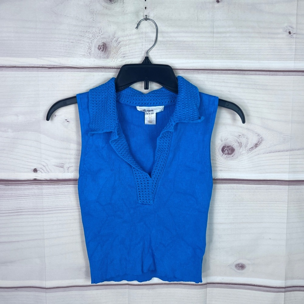 Caroline Constas Top Womens S Blue Ribbed Knit Blouse Collar Sleeveless Knit